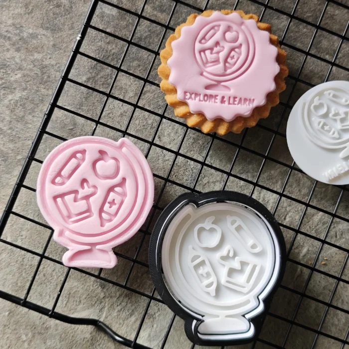 Globe Cookie Cutter & Stamp Set | Teacher Appreciation | Custom Fondant Embosser | School Bus, Pencil, Apple Baking Tools