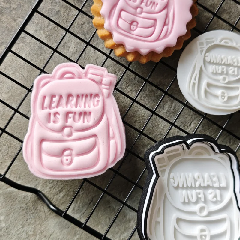 Learning is fun Backpack First Day Cookie Cutter & Stamp Set | Teacher Appreciation | Custom Fondant Embosser | School Bus, Pencil, Apple Baking Tools