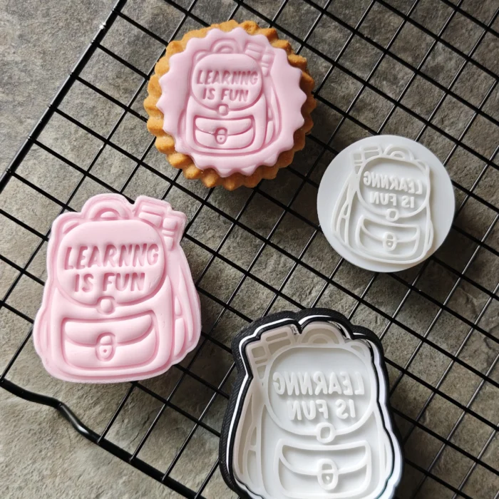 Learning is fun Backpack First Day Cookie Cutter & Stamp Set | Teacher Appreciation | Custom Fondant Embosser | School Bus, Pencil, Apple Baking Tools
