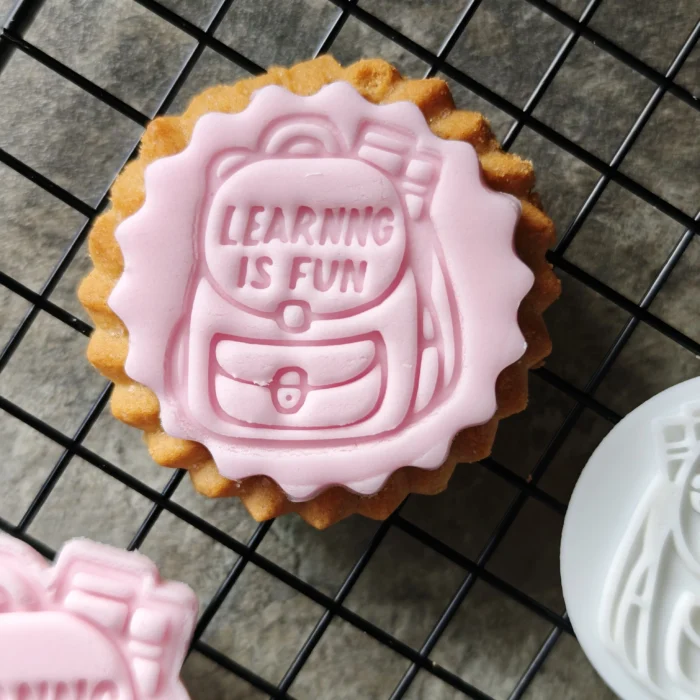 Learning is fun Backpack First Day Cookie Cutter & Stamp Set | Teacher Appreciation | Custom Fondant Embosser | School Bus, Pencil, Apple Baking Tools