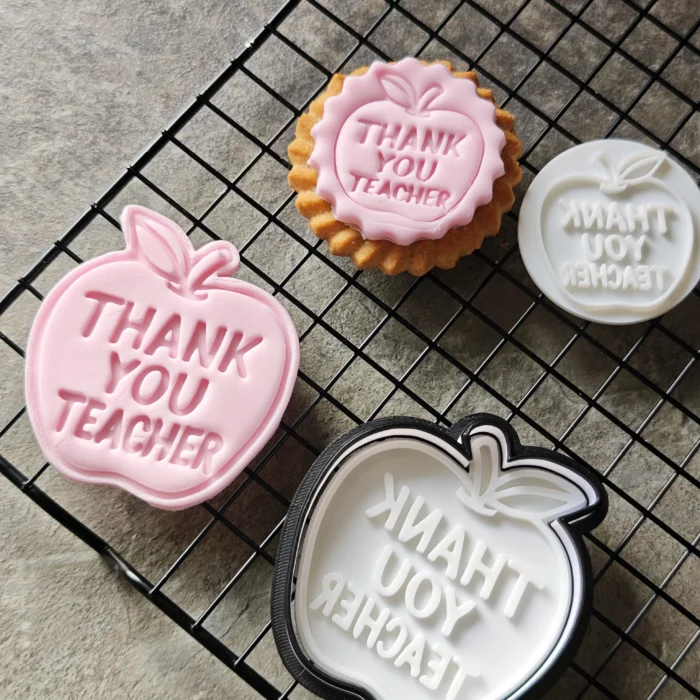 Thank You Teacher Apple Cookie Cutter & Stamp Set | Teacher Appreciation | Custom Fondant Embosser | School Bus, Pencil, Apple Baking Tools