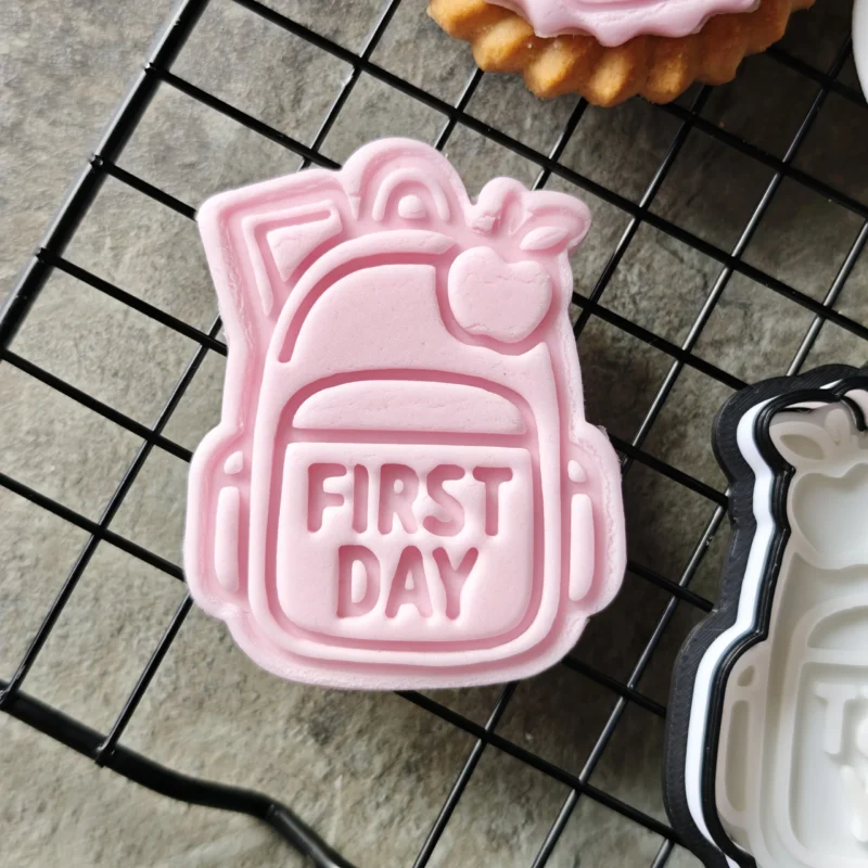 Backpack First Day Cookie Cutter & Stamp Set | Teacher Appreciation | Custom Fondant Embosser | School Bus, Pencil, Apple Baking Tools