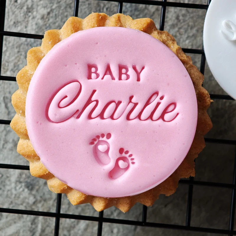 Personalized Name Baby Shower With Baby Feet Cookie Biscuit Cutter | Baby Shower Cupcake Embosser | Gender Reveal Stamp for Cookies