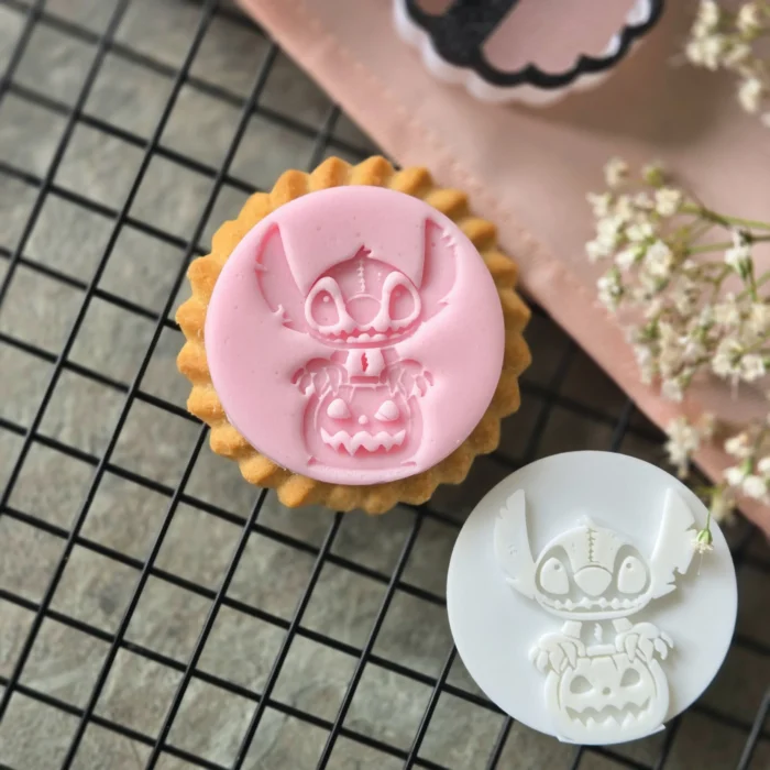 20250902_142321 Stitch Halloween Fondant Embosser | Cute Monster with Pumpkin Cookie Stamp | Round Cutter Option, UK