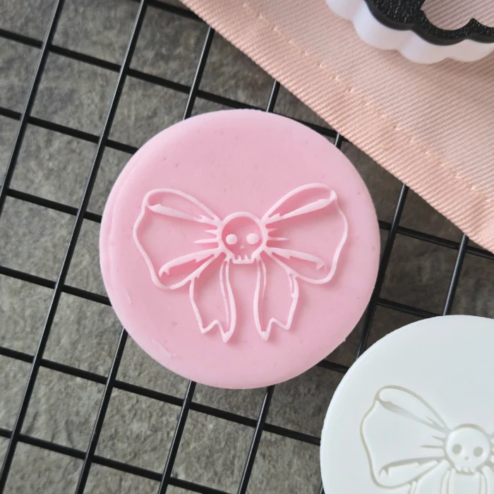 Skull Bow Fondant Embosser | Goth Bow Halloween Cookie Stamp | Spooky Biscuit | Round Cutter Option, UK