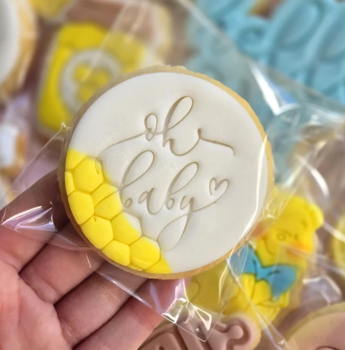 Oh Baby Fondant Embosser | Baby Shower Cookie Stamp | Script Round with Cutter Option Stencil M&S biscuit