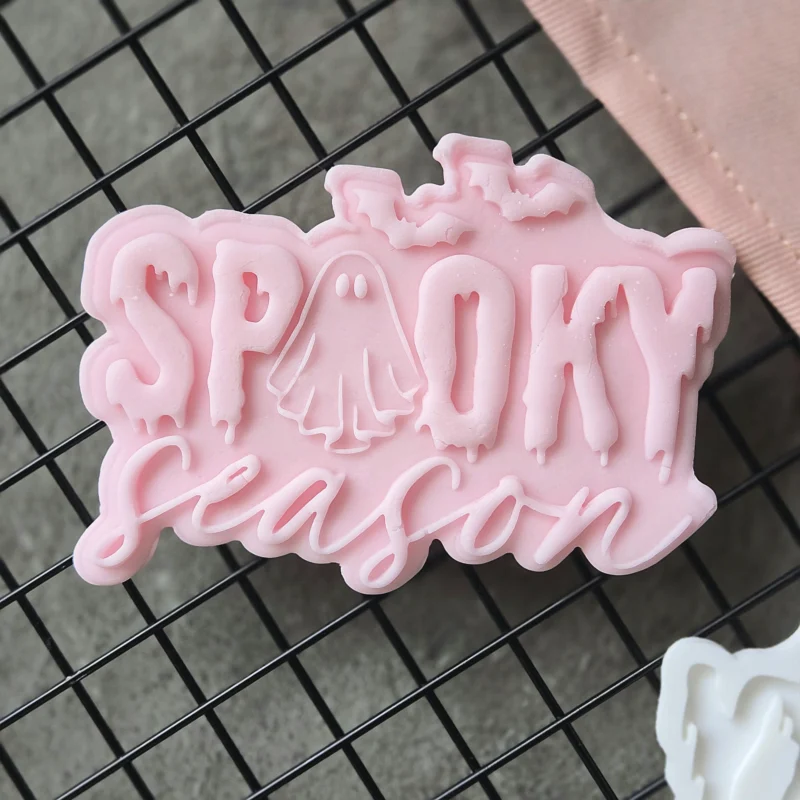 Spooky Season Plaque Fondant Embosser | Halloween Cookie Stamp with Ghost & Bats | Plaque Cutter Option, UK