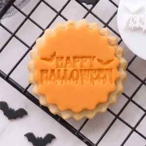 Halloween cookie stamp with round and scalloped cutter options