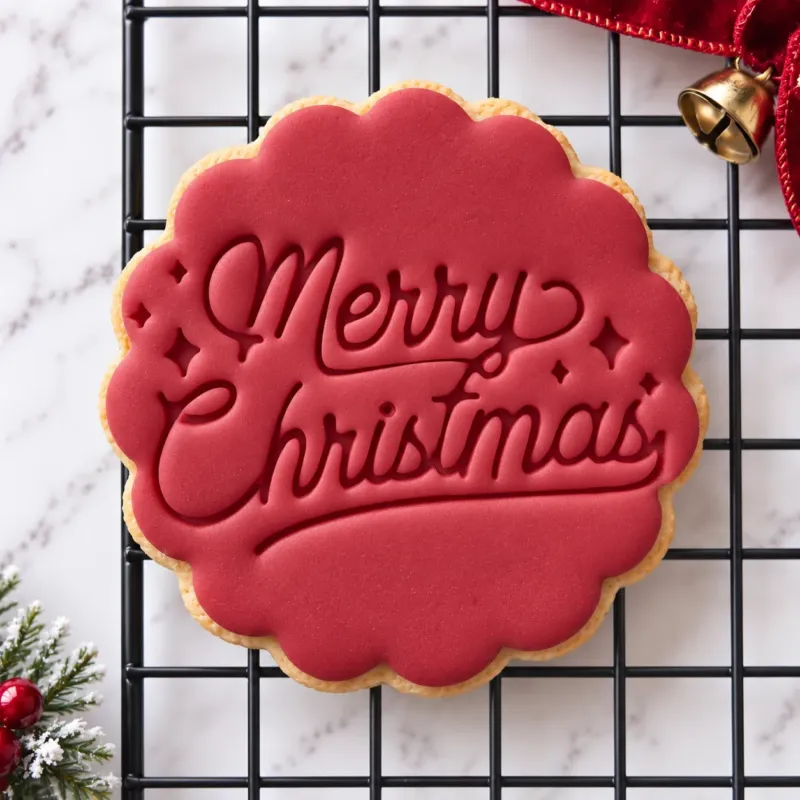Merry Christmas Cookie Stamp (1) Merry Christmas cookie stamp disc and fondant embosser shown on a finished festive biscuit