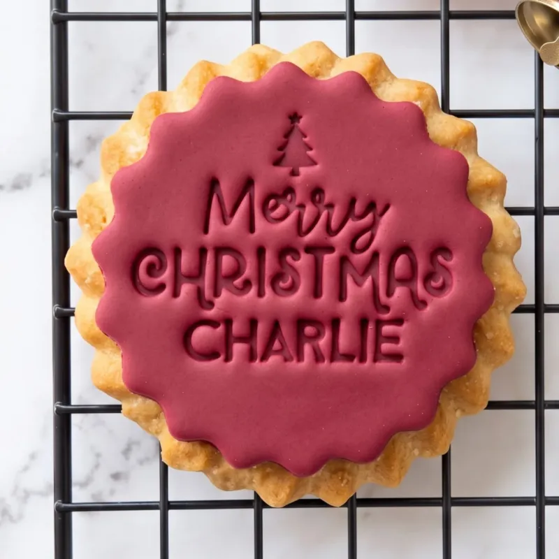 Personalised Merry Christmas Name Cookie Stamp (1) personalised Merry Christmas name cookie stamp shown on a finished festive biscuit
