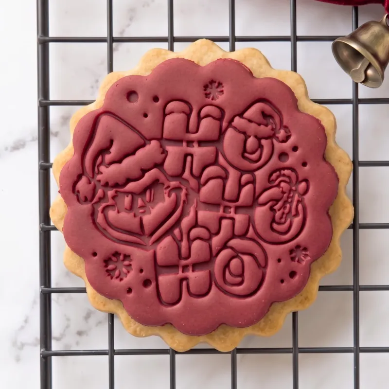christmas-crew-cookie-stamp-fondant-embosser (1) Christmas Crew cookie stamp embossed into festive fondant biscuit
