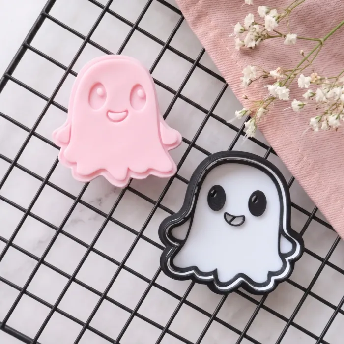 cute ghost cookie cutter embosser (2) Two-piece smiling ghost fondant embosser and matching cutter