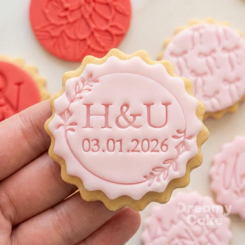 Pink scalloped fondant cookie embossed with initials and wedding date inside a leafy wreath.