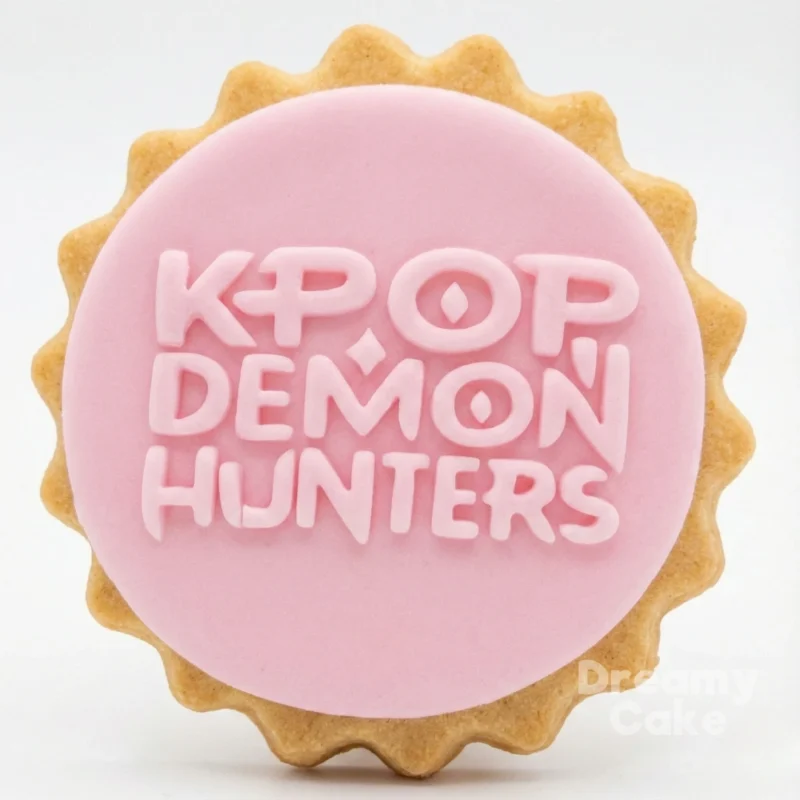 Round pink fondant cookie embossed with the text “KPOP DEMON HUNTERS” in chunky letters.