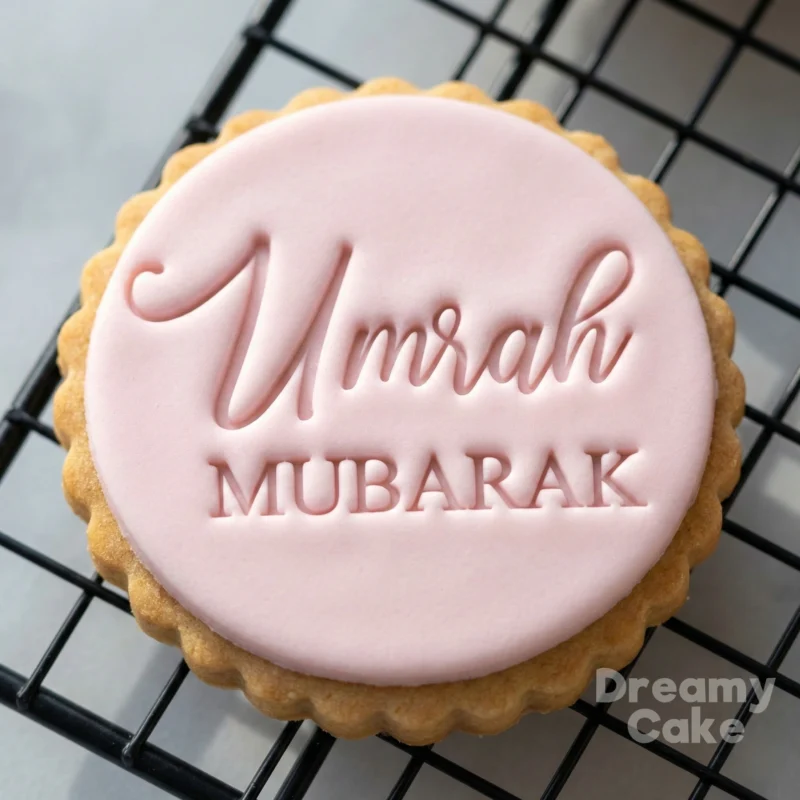 Round pink fondant biscuit embossed with the words “Umrah Mubarak” using a cookie stamp