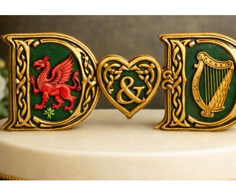 Irish harp and Welsh dragon with the gold effect